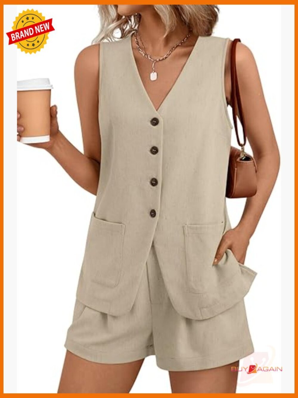 Women's 2-Piece Short Set - Sleeveless Vest & Shorts, Regular Fit, Button